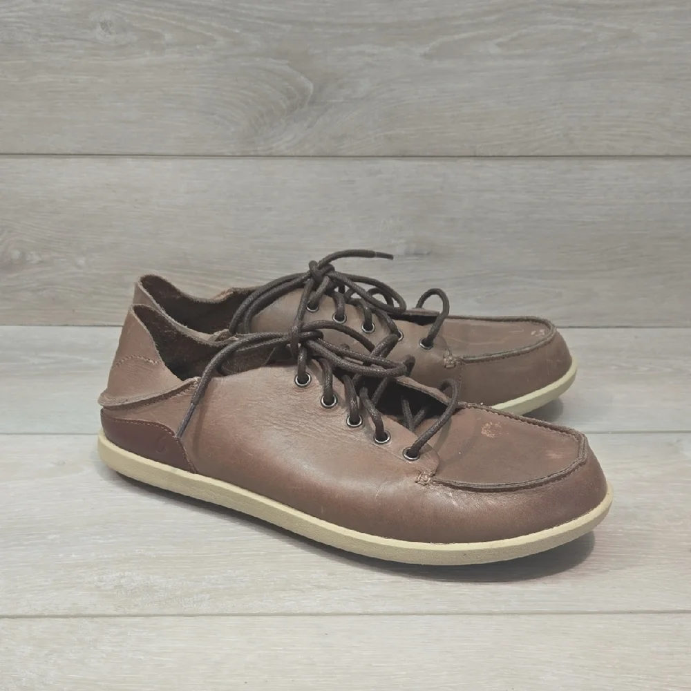 Olukai Men's Nalukai Brown Boat Shoes Oxford Sneakers Leather Shoes Sz 10
